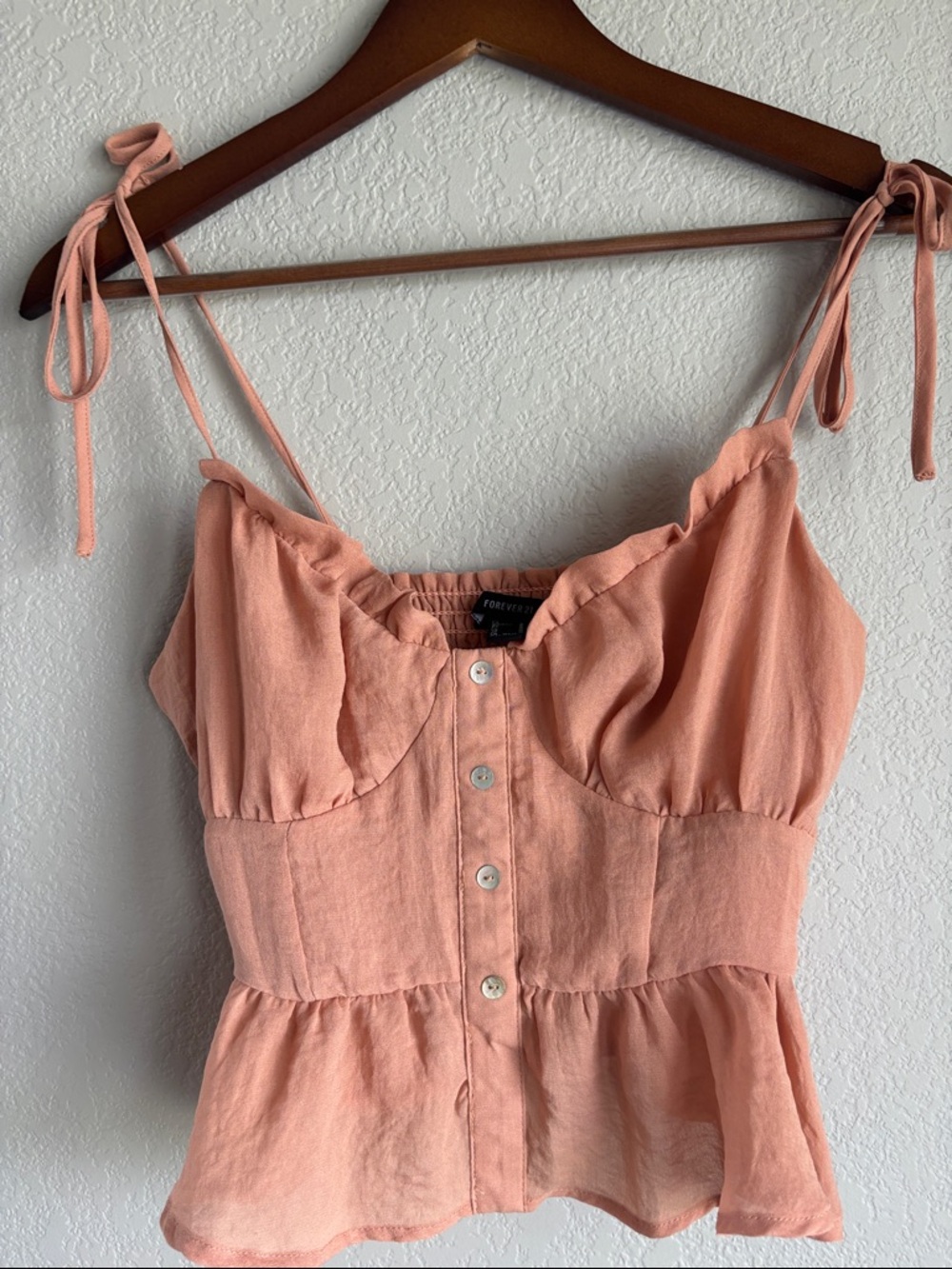 Forever 21 Peach Tie-Shoulder Button-Front Peplum Camisole